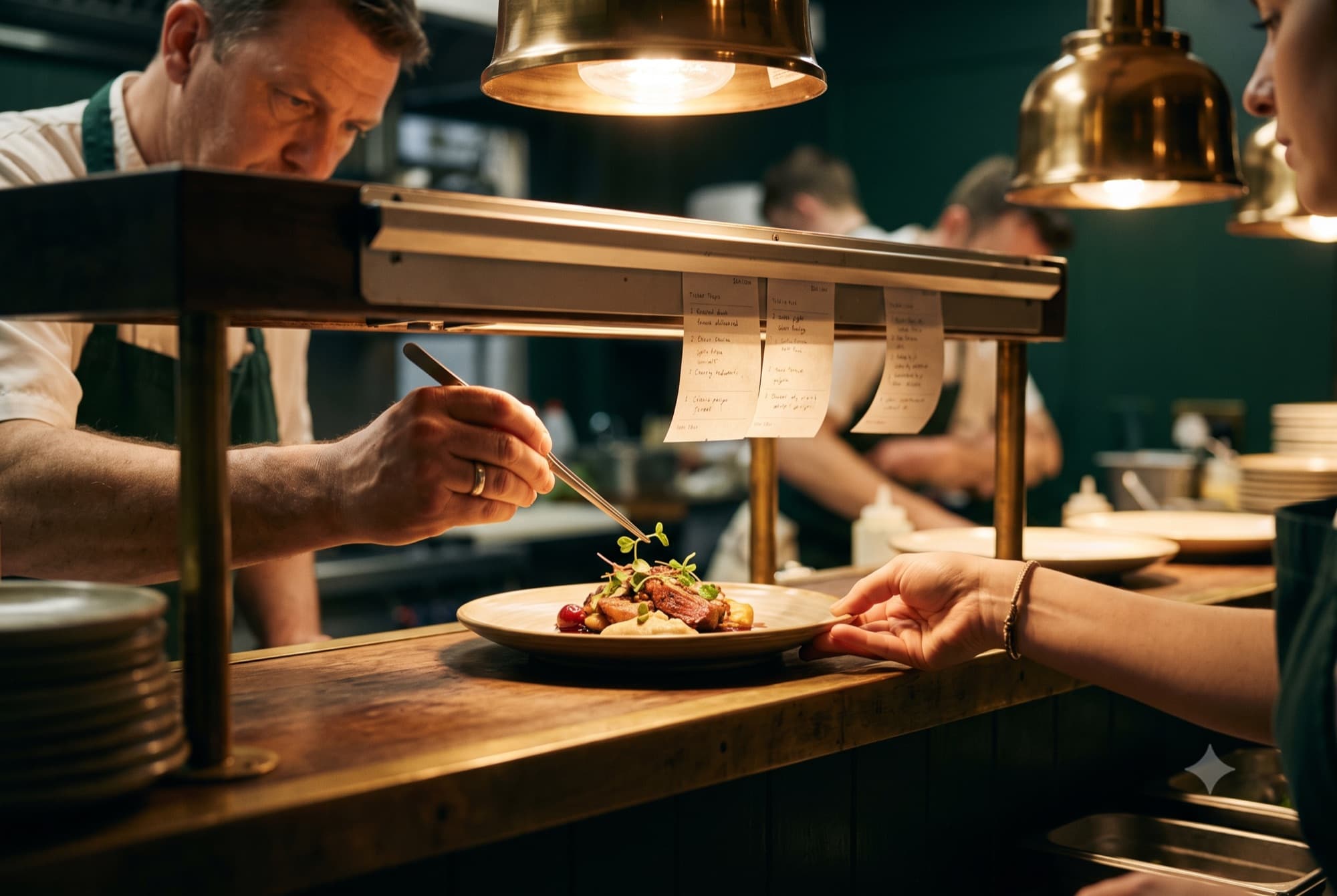 A chef setting the final garnish at the pass as a server lifts the plate