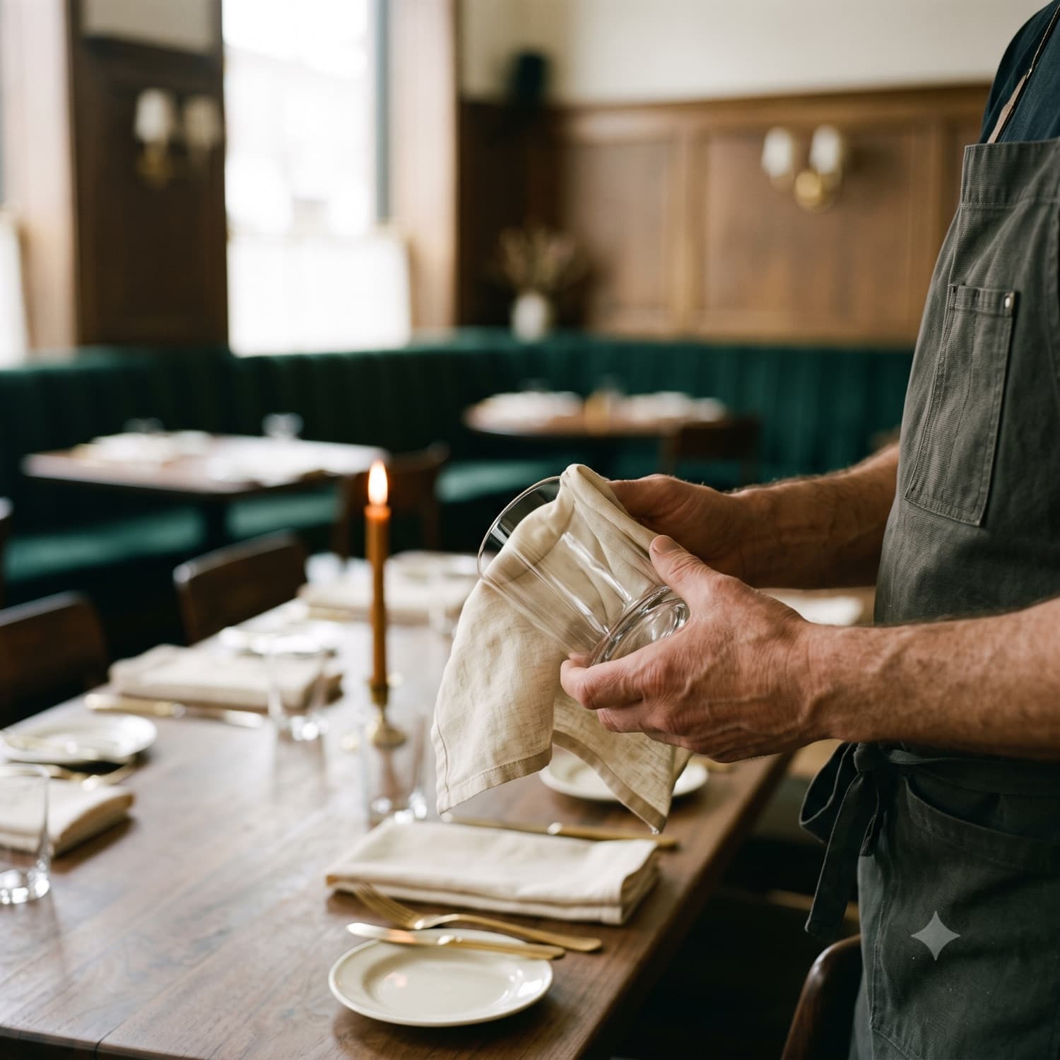 Polishing a glass before service — the quiet discipline of full hands in
