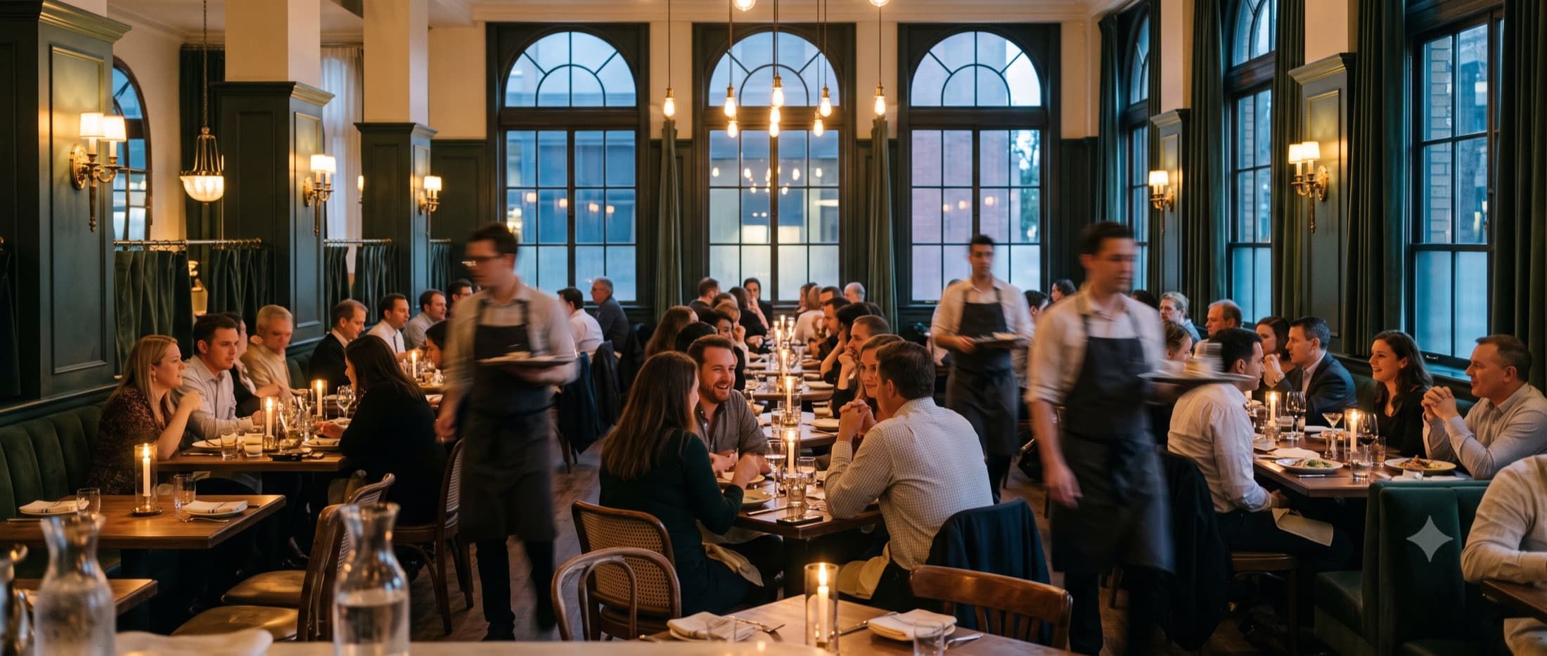 A full high-end dining room at peak service, golden light through tall windows